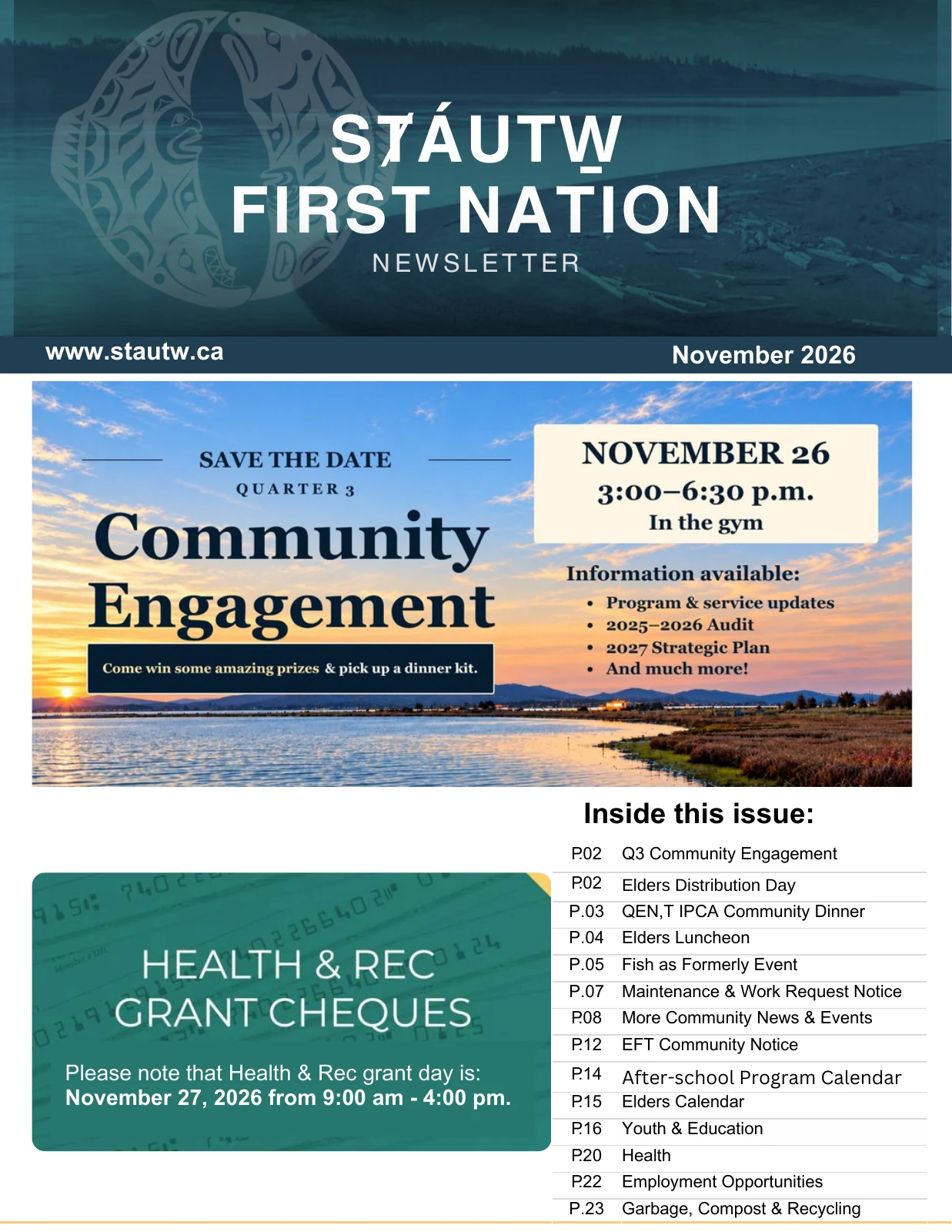 Cover of the SȾÁUTW̱ First Nation November 2026 newsletter. Select to read the full newsletter PDF.
